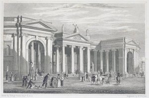 Jižní portikus Bank of Ireland, Dublin, původně budova parlamentu, ryl B. Winkles
